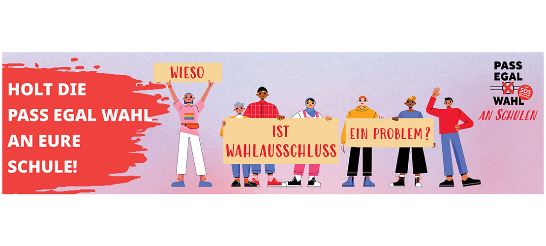 Banner für Wahlbeteiligung ohne Staatsbürgerschaft an Schulen mit diversen Figuren.