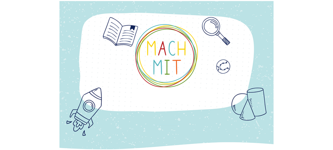 MACH MIT-Logo mit Zeichnungen eines Buches, eines Raumschiffs, einer Lupe, eines Balls und von Spielzeugklötzen