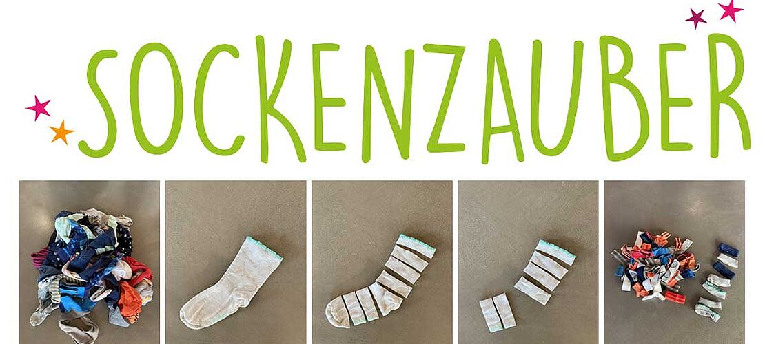 5 Bilder die zeigen, wie ein Socken zerschnitten wird mit der Schrift Sockenzauber