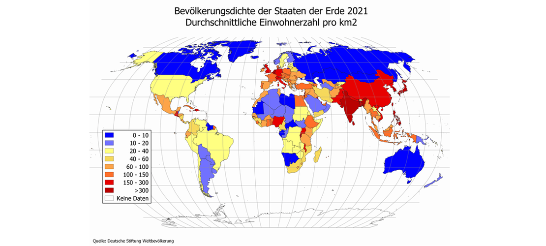 Grafik zur Bevölkerungsdichte der Staaten der Erde 2021