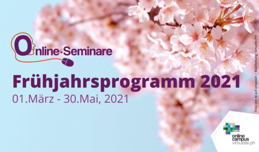 blühender Kirschenzweig mit dem Text: Online-Seminare Frühjahrsprogramm 2021