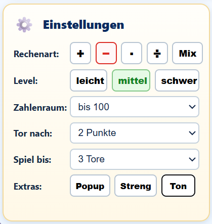 Screenshot des Einstellungsbereichs von Mathesoccer mit Auswahlmöglichkeiten für Rechenart, Schwierigkeitsgrad, Zahlenraum, Spielziel und zusätzliche Optionen.