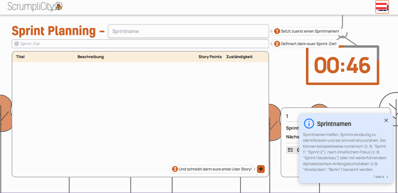 Eine digitale Oberfläche zeigt eine leere Tabelle zur Sprintplanung mit Feldern für Sprintname, Ziele und Aufgaben sowie Hinweisen und einem Countdown-Timer.