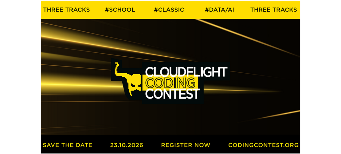 Ankündigung zum Cloudflight Coding Contest am 23. Oktober 2026 mit den Kategorien School, Classic und Data/AI.