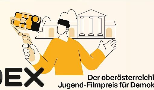 Abstraktes Kunstwerk: Junger Mann filmt vor Regierungsgebäude mit Selfie-Stick. 