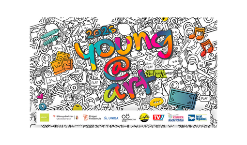 Buntes Werbemotiv für „Young at Art 2026“. Der farbenfrohe Schriftzug steht vor einem Hintergrund aus gezeichneten Symbolen wie Musiknoten, Bildschirmen, Fotos und Sprechblasen. Am unteren Rand sind die Logos der beteiligten Partnerorganisationen zu sehen.