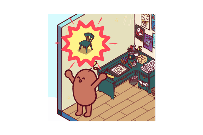 Eine gezeichnete Figur steht in einem Zimmer mit Schreibtisch, hebt die Arme und blickt auf ein Symbol mit einem Stuhl in einer farbigen Gedankenblase.