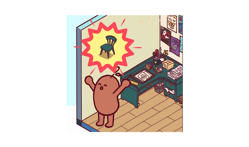 Eine gezeichnete Figur steht in einem Zimmer mit Schreibtisch, hebt die Arme und blickt auf ein Symbol mit einem Stuhl in einer farbigen Gedankenblase.