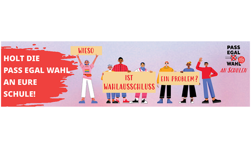 Banner für Wahlbeteiligung ohne Staatsbürgerschaft an Schulen mit diversen Figuren.