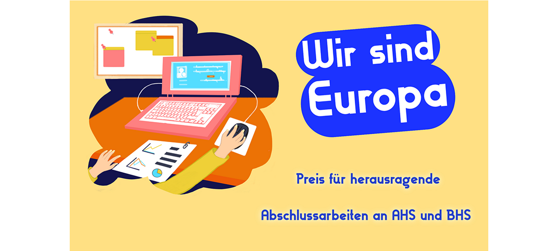 gelber Hintergrund, Grafik einer Person, die eine Maus bewegt, vor einem Laptop mit dem Text "Wir sind Europa"