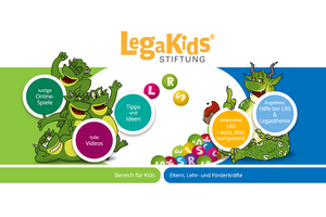 Eine bunte Grafik zeigt das Logo „LegaKids Stiftung“, gezeichnete Drachen und Kreise mit Texten zu Online-Spielen, Videos, Tipps sowie Angeboten zu LRS und Legasthenie.