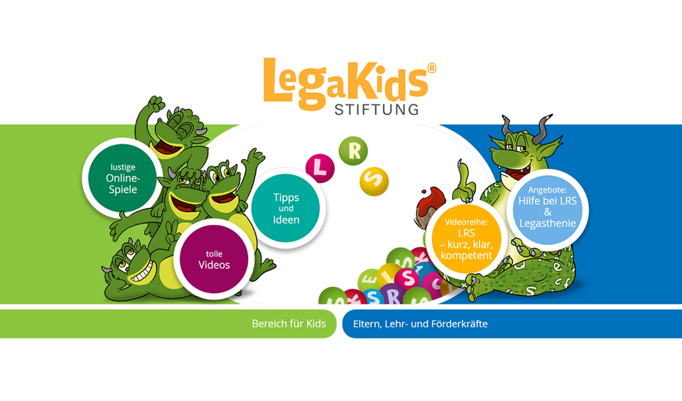 Eine bunte Grafik zeigt das Logo „LegaKids Stiftung“, gezeichnete Drachen und Kreise mit Texten zu Online-Spielen, Videos, Tipps sowie Angeboten zu LRS und Legasthenie.