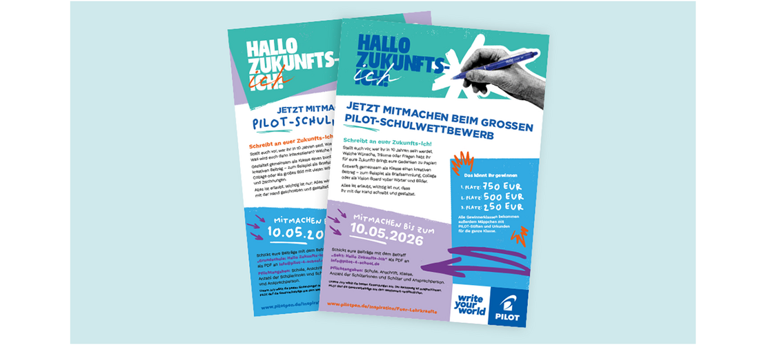 Zwei überlappende Flyer zum „Hallo Zukunfts-Ich“ Pilot-Schulwettbewerb mit Teilnahmeinfos und Preisen.