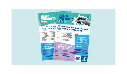 Zwei überlappende Flyer zum „Hallo Zukunfts-Ich“ Pilot-Schulwettbewerb mit Teilnahmeinfos und Preisen.