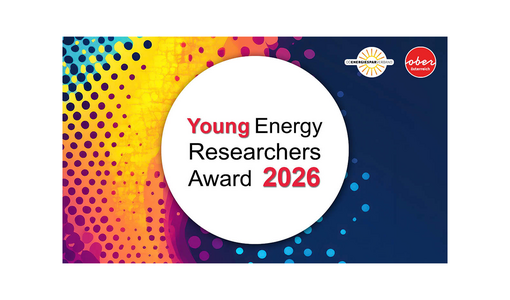 Ein Wirbel aus Farbpunkten in Blau, Gelb und Pink strömt wie Konfetti auf einen weißen Kreis zu, der den Titel „Young Energy Researchers Award 2026“ trägt.