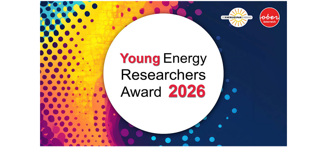 Ein Wirbel aus Farbpunkten in Blau, Gelb und Pink strömt wie Konfetti auf einen weißen Kreis zu, der den Titel „Young Energy Researchers Award 2026“ trägt.