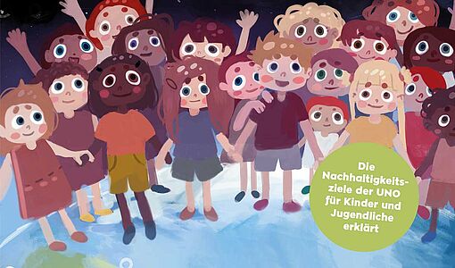 Ausschnitt des Buchcovers: Grafik mit vielen Kindern unterschiedlicher Hautfarbe die auf dem Planet Erde stehen