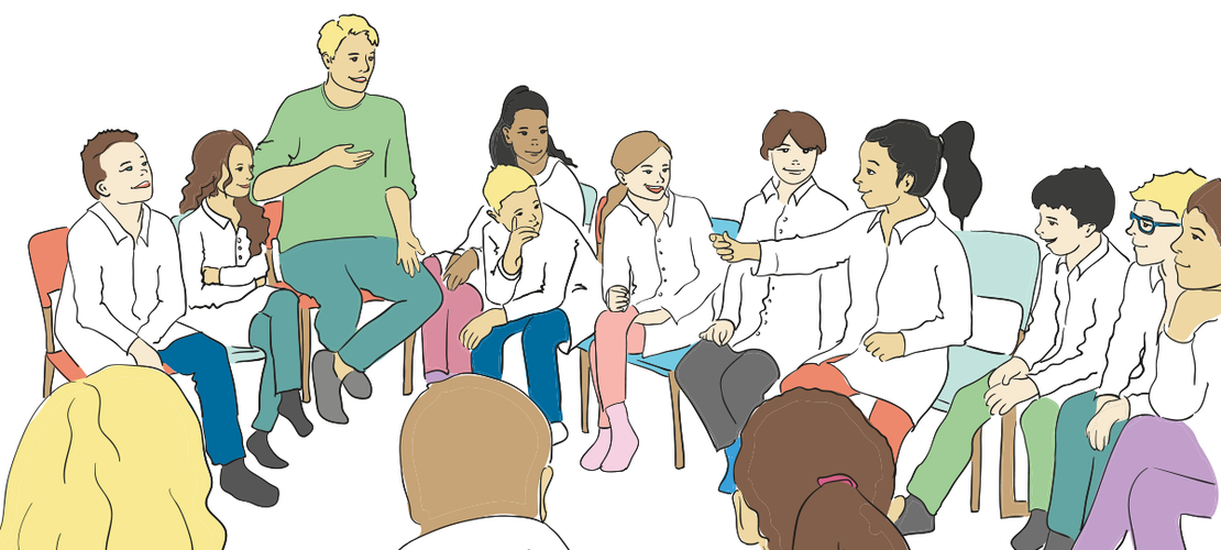 Comic mit Lehrer und Schüler im Sitzkreis