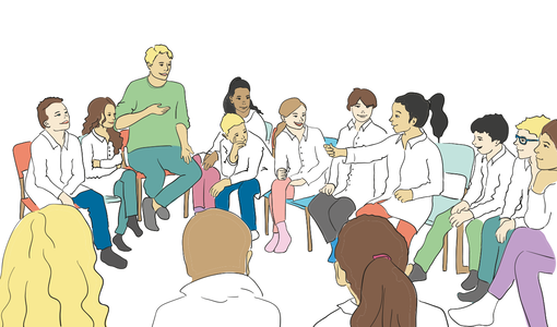 Comic mit Lehrer und Schüler im Sitzkreis