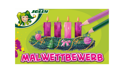 Grüner Hintergrund mit einem Adventskranz und zwei Buntstiften und dem Wort "Malwettbewerb"