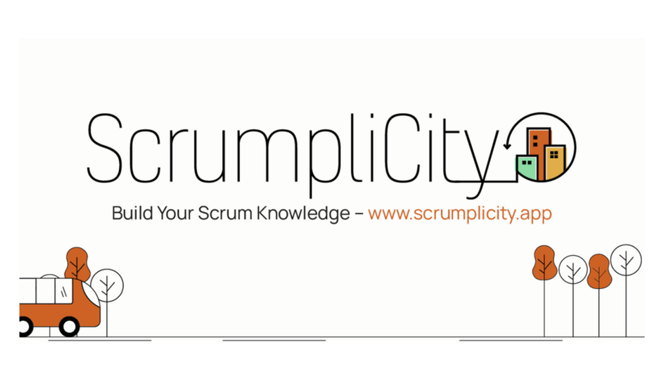 Ein weißes Bild zeigt den Schriftzug „ScrumpliCity“ mit kleinen gezeichneten Häusern, Bäumen und einem Auto sowie einer Webadresse.