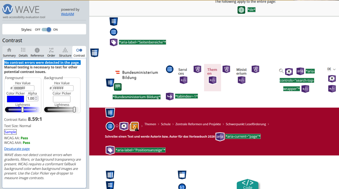 Screenshot von WAVE: Web Accessibility Evaluation Tool