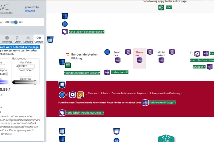 Screenshot von WAVE: Web Accessibility Evaluation Tool