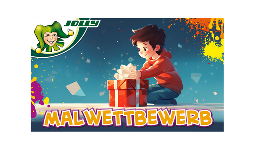 © JOLLY Zeichnung eines Jungen, der neben einem großen roten Geschenk auf dem Boden und dem Wort "Malwettbewerb" sitzt