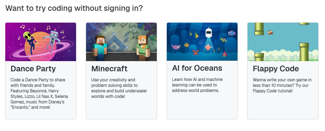 Screenshot der Startseite von Code.org Studio mit vier Programmierprojekten ohne Anmeldung: Dance Party, Minecraft, AI for Oceans und Flappy Code. Jedes Projekt wird mit einer Illustration und einer kurzen Beschreibung vorgestellt.
