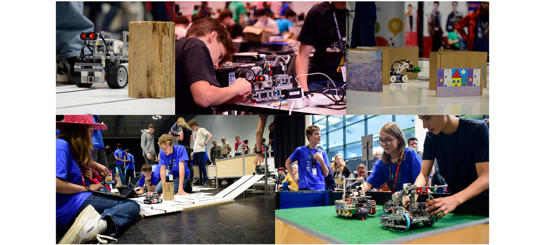 Collage aus Szenen eines Robotik-Wettbewerbs, bei dem Jugendliche Roboter bauen, programmieren und auf Spielfeldern testen.