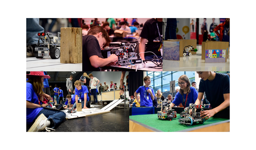 Collage aus Szenen eines Robotik-Wettbewerbs, bei dem Jugendliche Roboter bauen, programmieren und auf Spielfeldern testen.