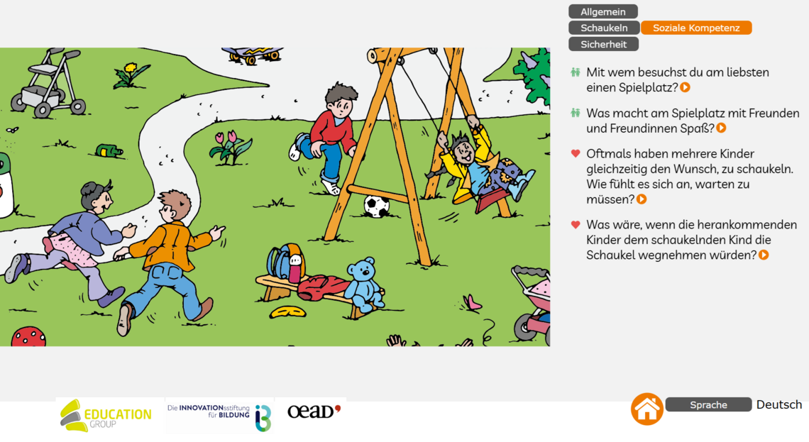 Illustration eines Spielplatzes mit spielenden Kindern; rechts stehen Fragen zur sozialen Kompetenz, etwa zum Schaukeln und Warten.
