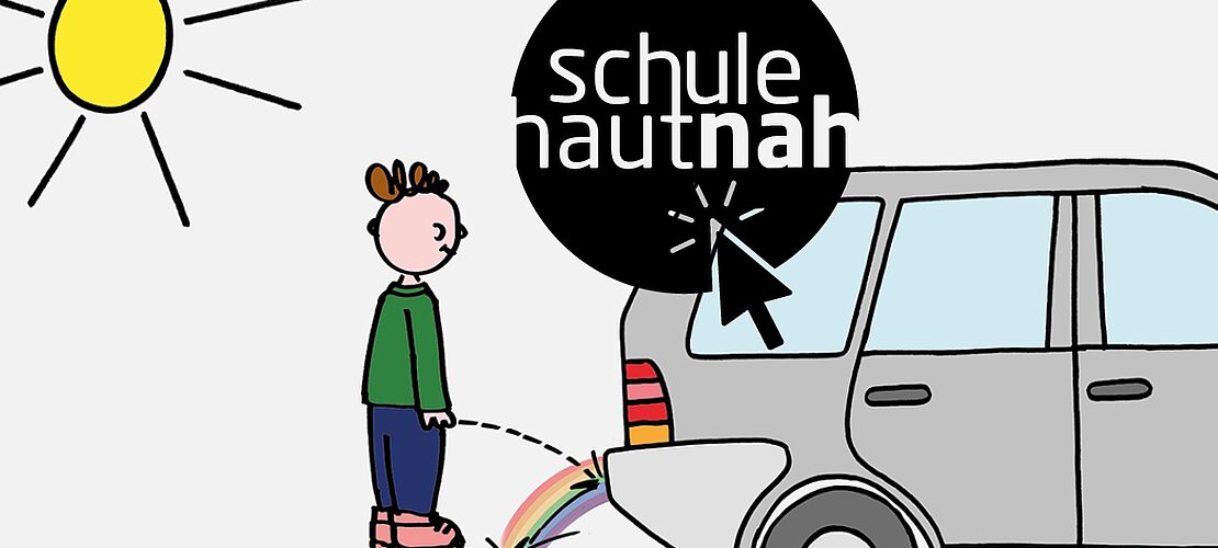 Comic mit einem kleinen Jungen, der zu einem Autoreifen pinkelt und der Urinstrahl einen Regenbogen wirft