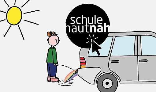 Comic mit einem kleinen Jungen, der zu einem Autoreifen pinkelt und der Urinstrahl einen Regenbogen wirft
