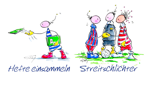 Illustrationen gezeichneter Comic-Männchen für Streitschlichter und Hefte einsammeln