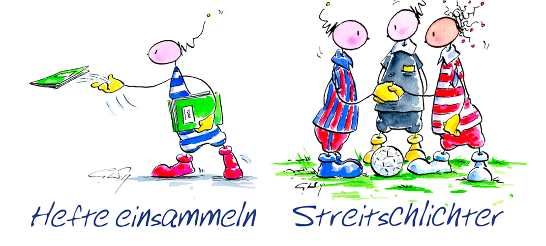 Illustrationen gezeichneter Comic-Männchen für Streitschlichter und Hefte einsammeln