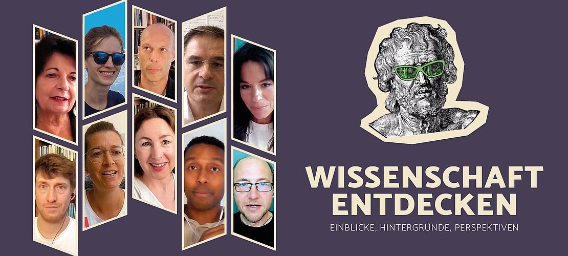 Coverbild mit Fotos von 10 WissenschafterInnen, dem Text Wissenschaft entdecken und einer Grafik einer Büste mit Sonnenbrille