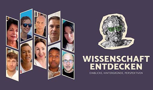 Coverbild mit Fotos von 10 WissenschafterInnen, dem Text Wissenschaft entdecken und einer Grafik einer Büste mit Sonnenbrille