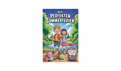 Eine Zeichnung eines Jungen und eines Mädchens mit Rucksäcken, die vor einem Teich stehen. Vor ihren Schuhen liegen drei Eistüten auf dem Boden und eine Dose mit einer Sammlung kleiner Bücher.