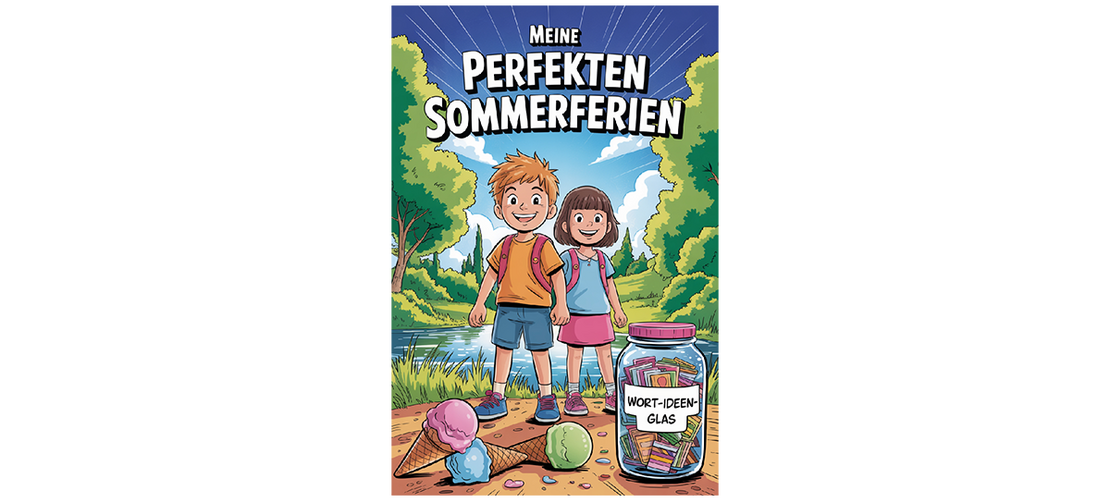 Eine Zeichnung eines Jungen und eines Mädchens mit Rucksäcken, die vor einem Teich stehen. Vor ihren Schuhen liegen drei Eistüten auf dem Boden und eine Dose mit einer Sammlung kleiner Bücher.