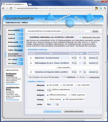 Eingabefeld für Arbeitsblatt Subtraktion