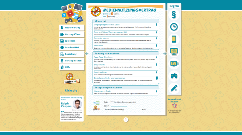 Fertig ausgefüllter Mediennutzungsvertrag mit klaren Regeln zu Internet, Smartphone und Spielen, dargestellt in einer kindgerechten, übersichtlichen Oberfläche.