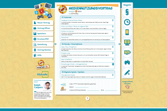 Fertig ausgefüllter Mediennutzungsvertrag mit klaren Regeln zu Internet, Smartphone und Spielen, dargestellt in einer kindgerechten, übersichtlichen Oberfläche.