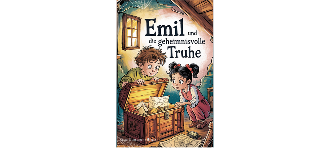 Eine Illustration zeigt zwei gezeichnete Kinder, die gemeinsam eine offene Holztruhe mit Karten und Gegenständen betrachten, daneben steht der Text „Emil und die geheimnisvolle Truhe“.