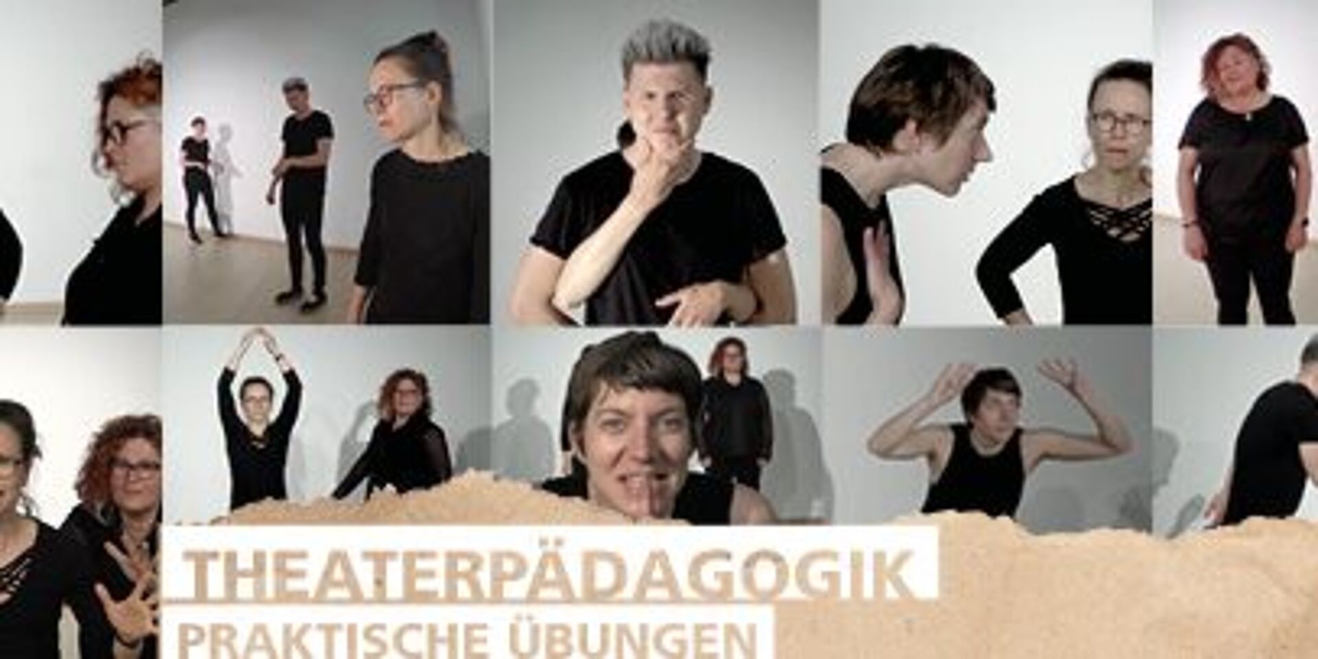 Headerbild mit theaterspielenden Personen darauf und Text Theaterpädagogik Praktische Übungen