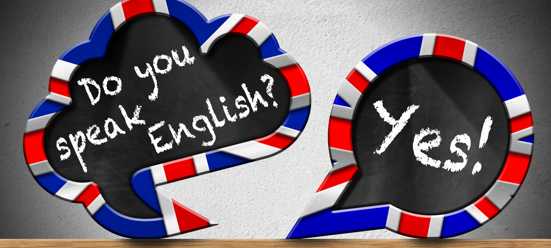 2 Sprechblasen mit folgendem Text: Do you speak English? und Yes!"