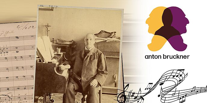 Bildcollage mit einem Bild von einem Notenblatt des Chorwerks "Lasst Jubel Töne laut erklingen", einem Bild von Anton Bruckner am Klavier, einer Bruckner-Silhouette Grafik
