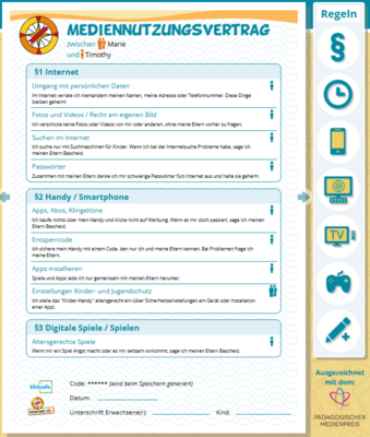 Fertig ausgefüllter Mediennutzungsvertrag mit klaren Regeln zu Internet, Smartphone und Spielen, dargestellt in einer kindgerechten, übersichtlichen Oberfläche.