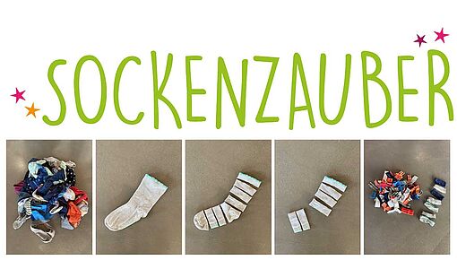 5 Bilder die zeigen, wie ein Socken zerschnitten wird mit der Schrift Sockenzauber