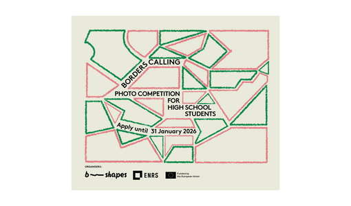 Ein grafisches Plakat zeigt viele grüne und rosa Linienformen sowie den Text „Borders Calling Photo Competition for High School Students“ mit einer Einreichfrist.